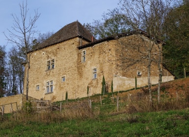 An old stone building on a hill with trees in the background