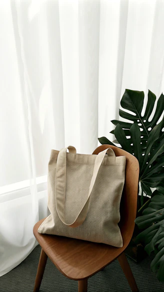 A bag sitting on top of a chair next to a plant