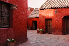 A red building with a potted plant in front of it