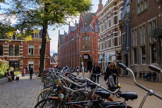 A row of bikes parked next to each other on a street