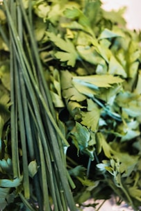 A pile of green leaves sitting on top of a table