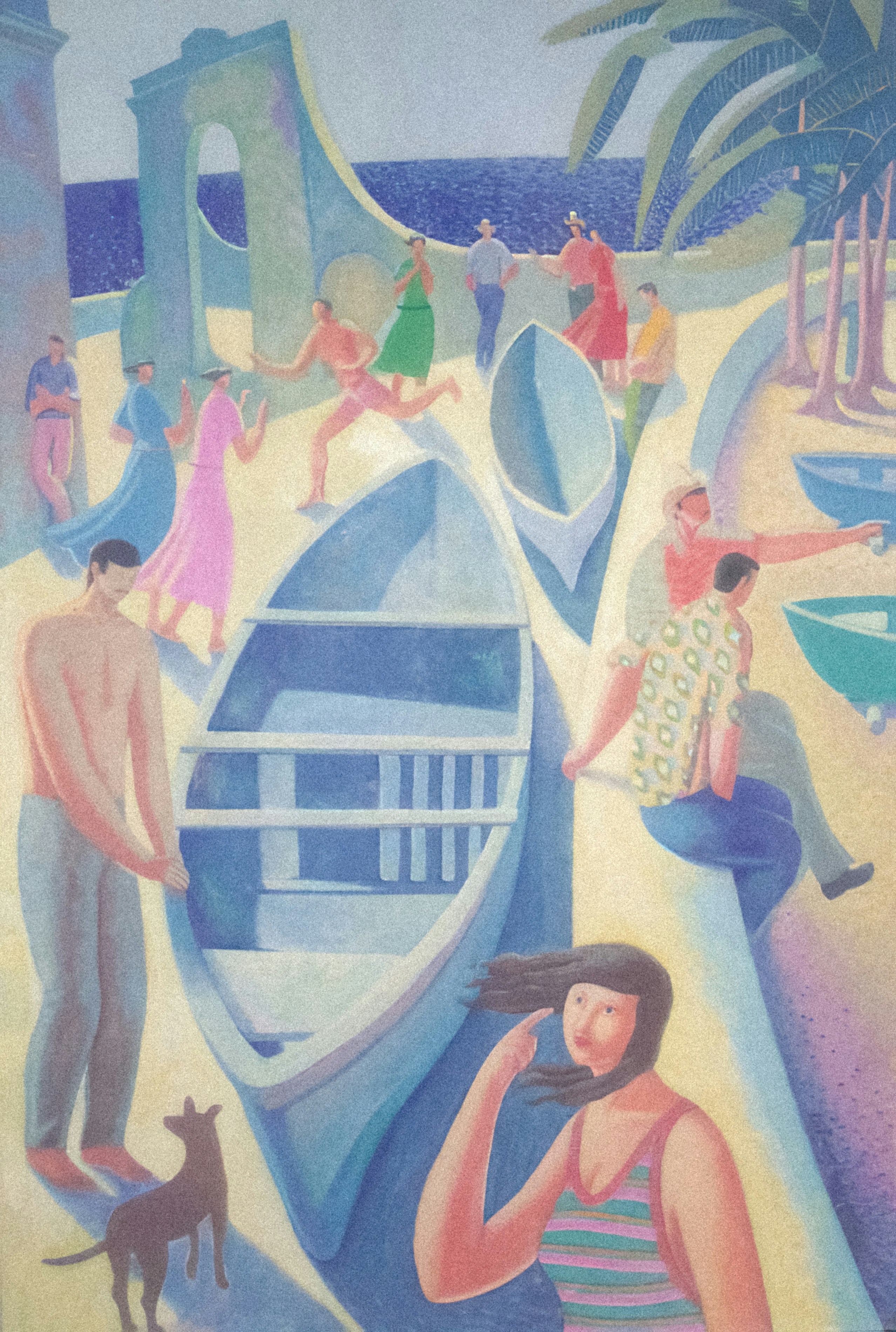 A painting of people and a boat on a beach