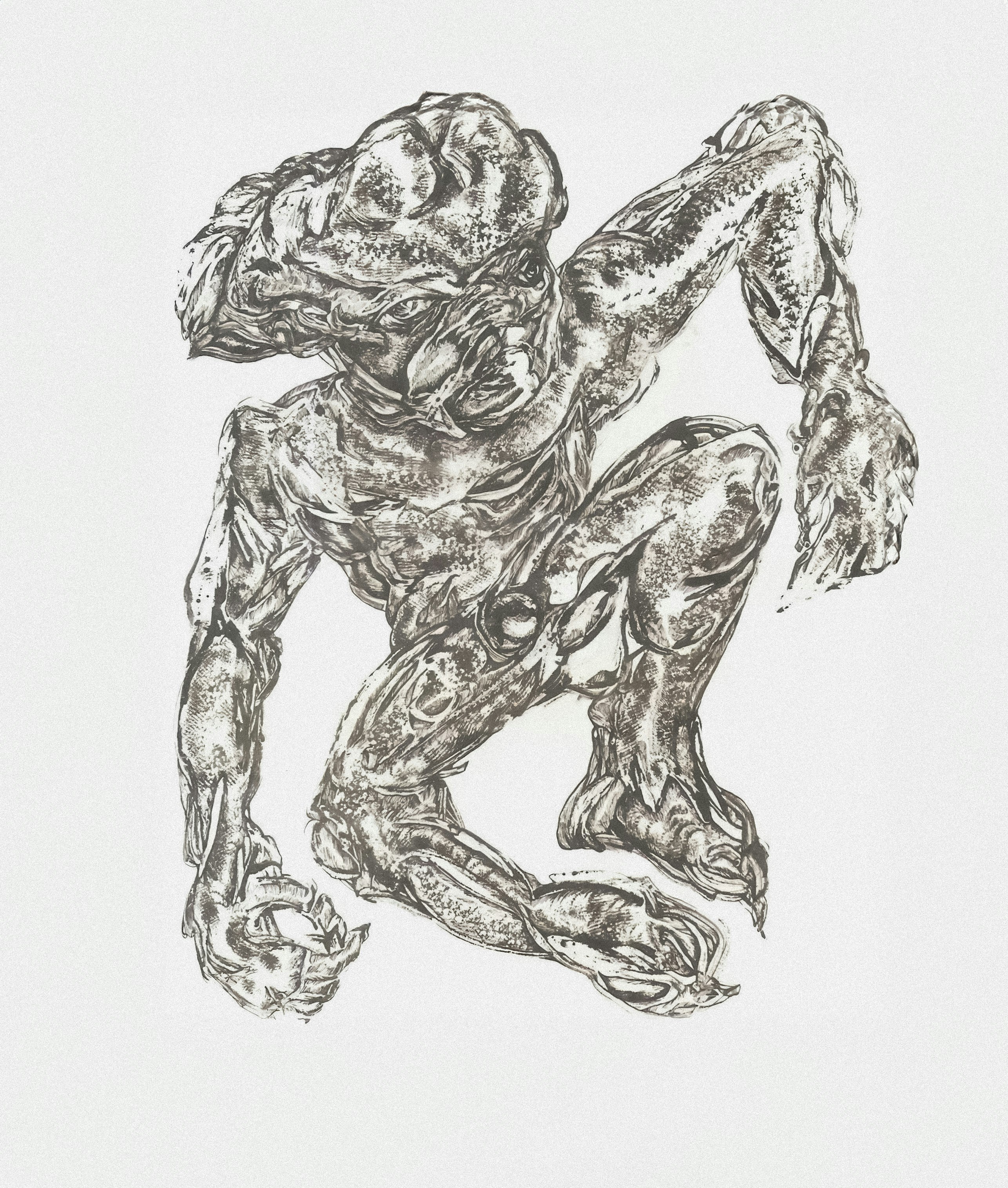 Un dibujo detallado de una criatura humanoide grotesca y musculosa.