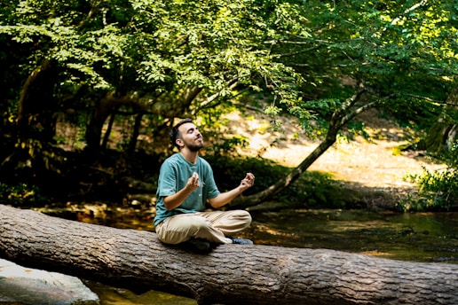 A man sitting on a log in the woods