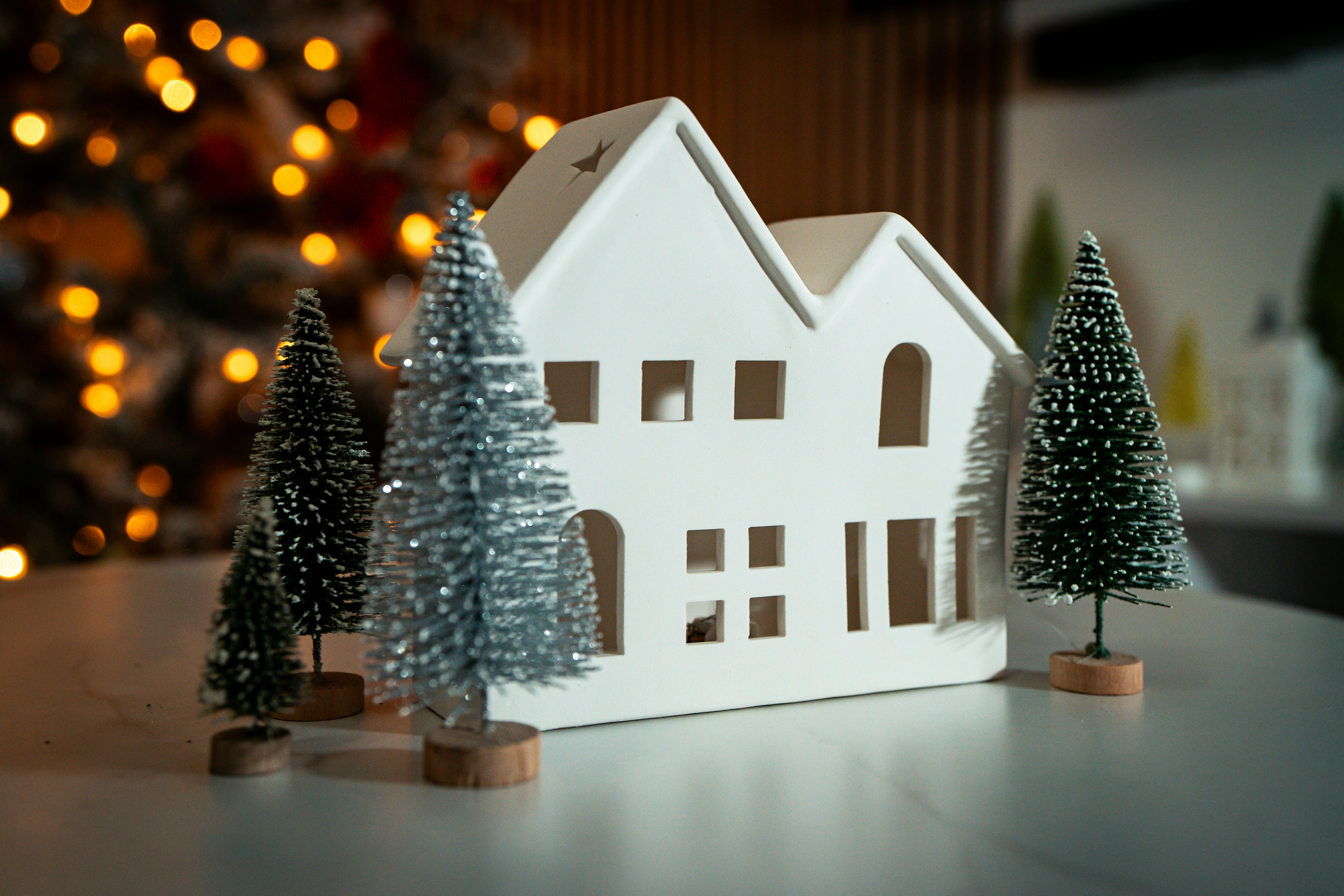 A small model of a house surrounded by christmas trees