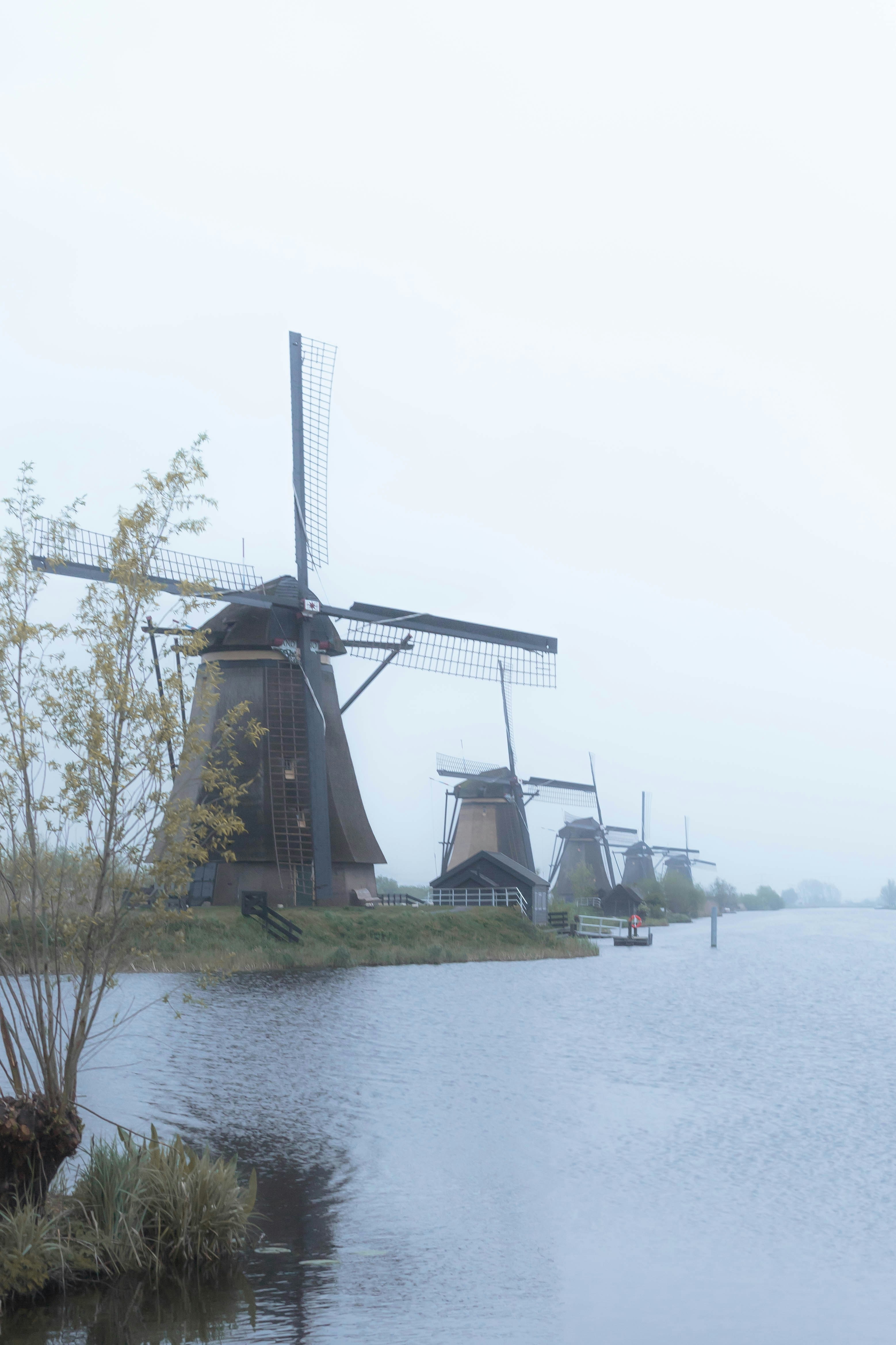 A group of windmills sitting next to a body of water