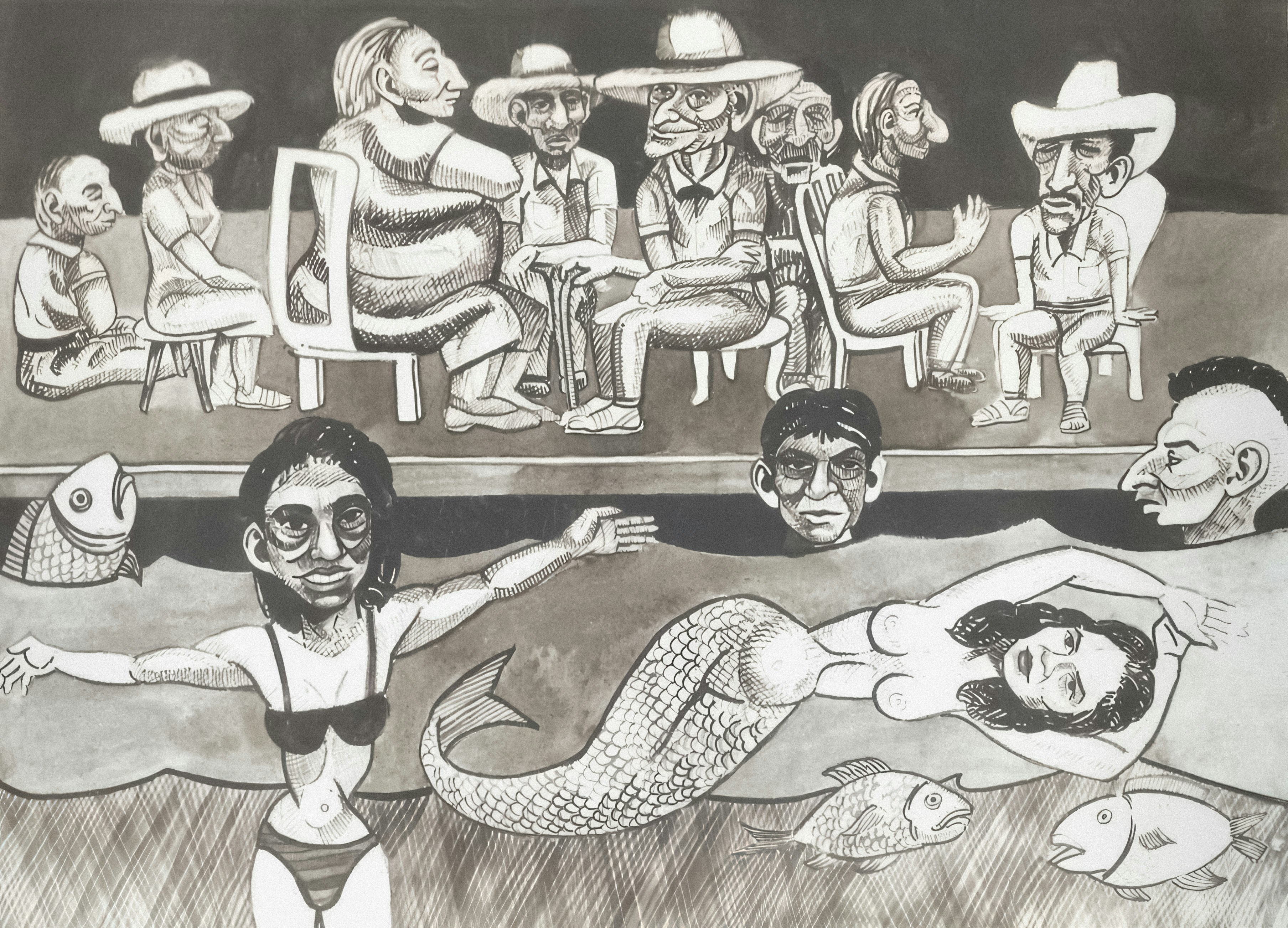 People watch a mermaid and woman in water