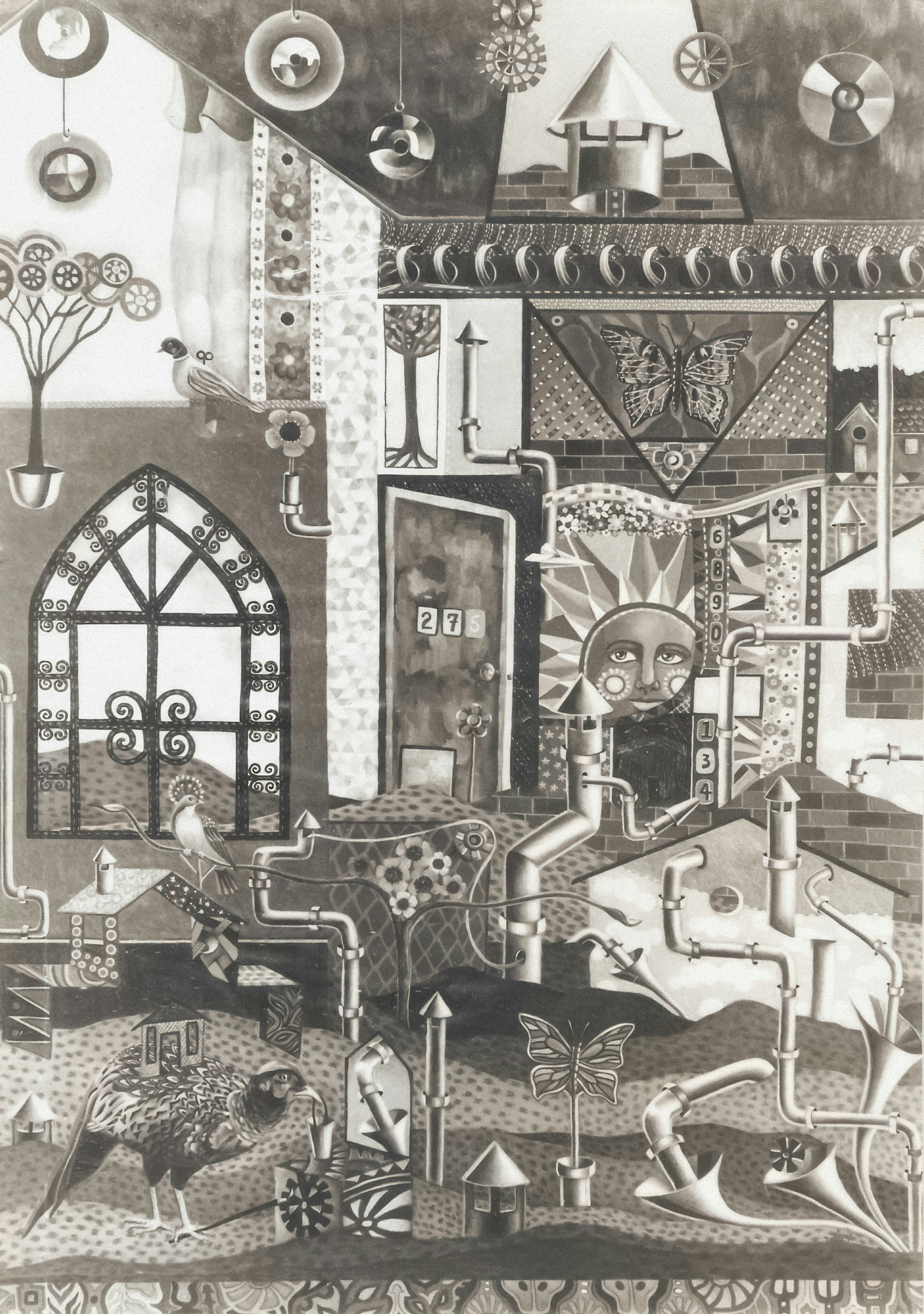 Surreal architectural scene with whimsical elements and a sun face.