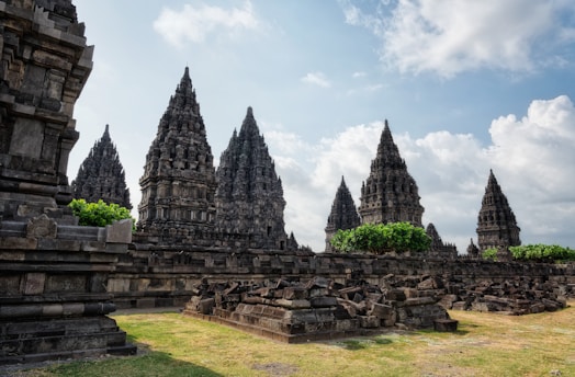 A group of stone structures with trees growing out of them