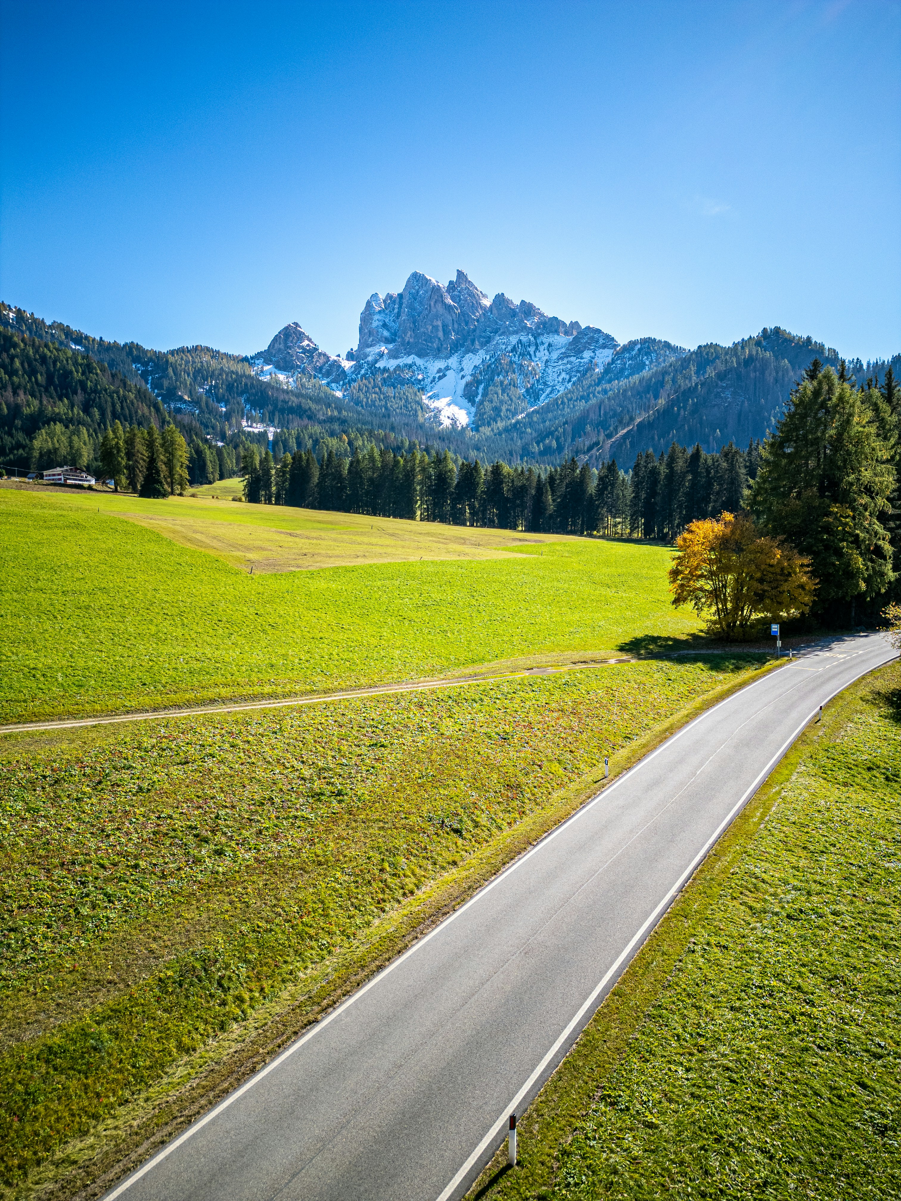 A road going through a lush green valley