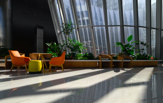 Skylit Lounge Reception — commercial reception interior design