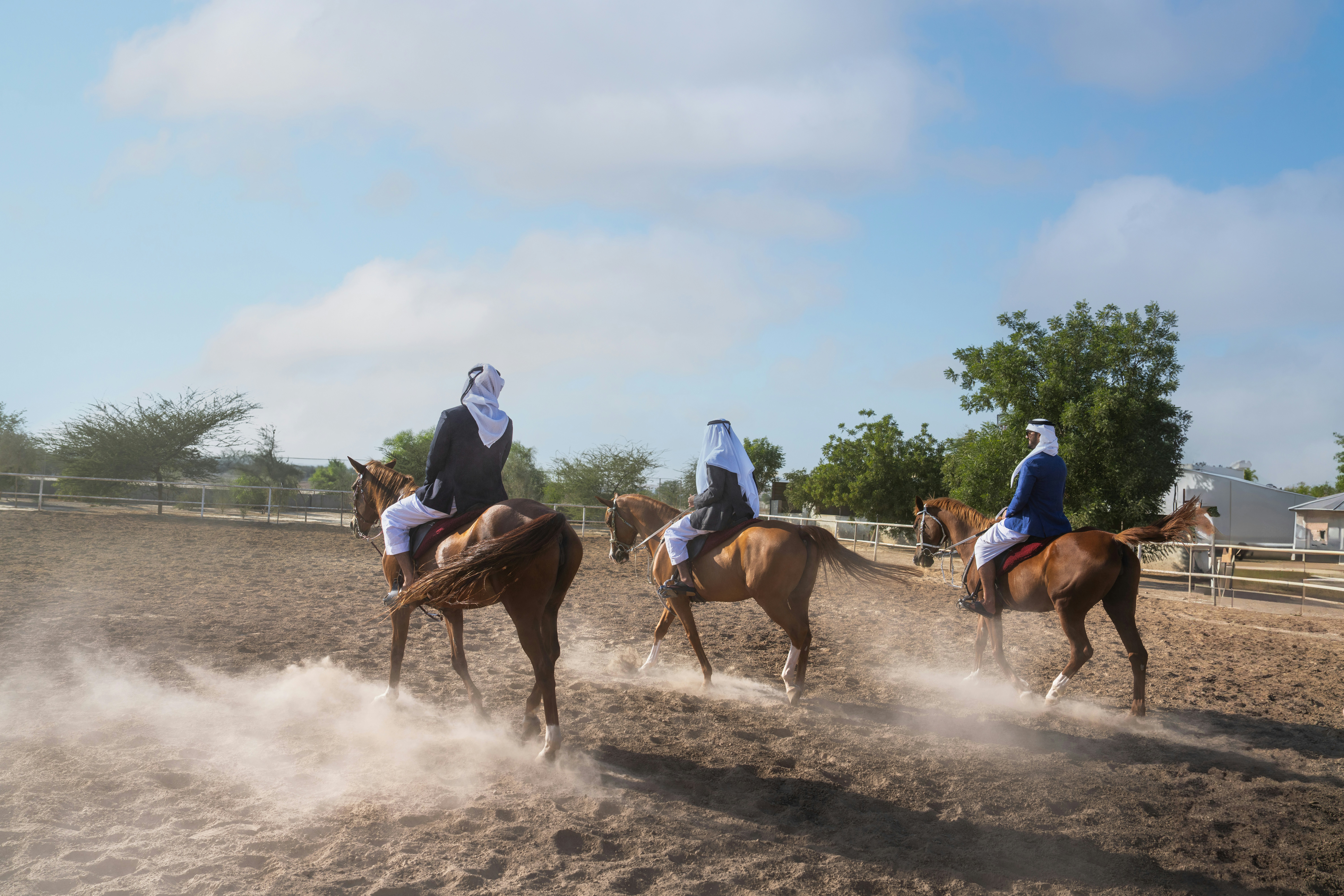 A group of people riding on the backs of horses