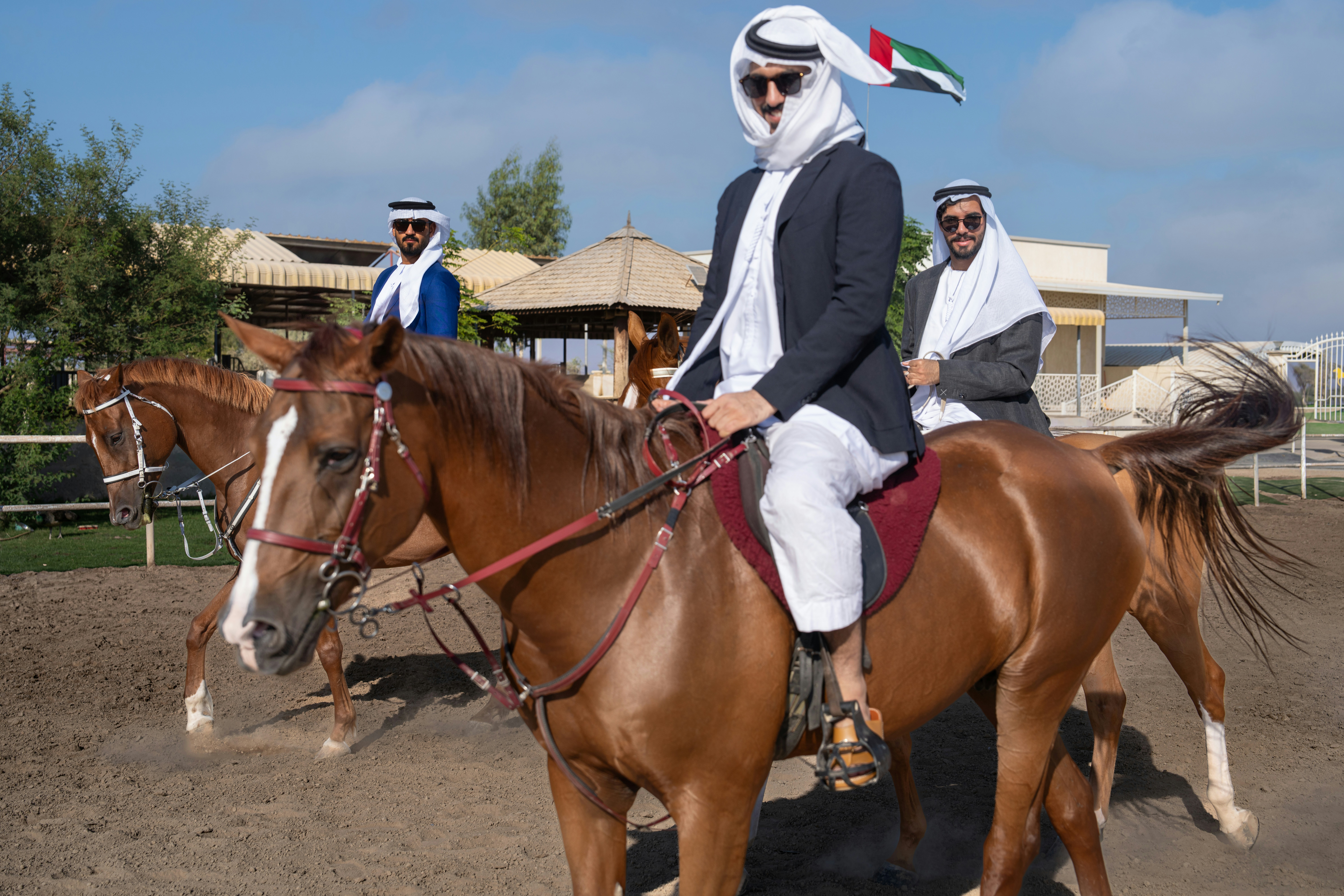 A skilled rider performing classical dressage on a beautiful horse at the Abu Dhabi Royal Equestrian Arts school