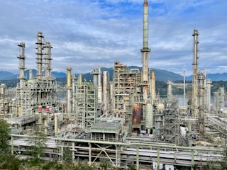 A large industrial area with a lot of tall buildings