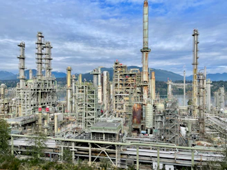 A large industrial area with a lot of tall buildings