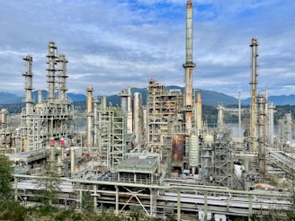 A large industrial area with a lot of tall buildings