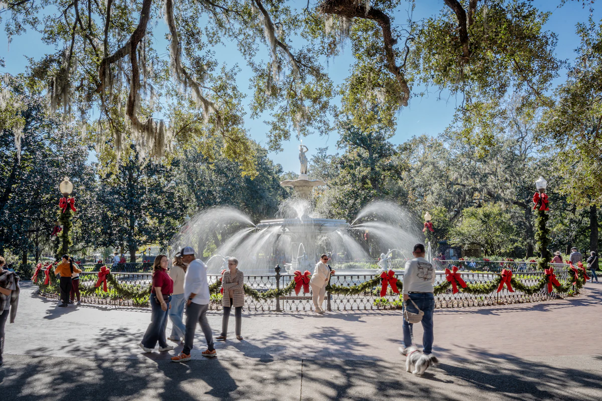 Forsyth Park fountain in Savannah, Georgia — the park adjacent to the Chatham Apartments, ground zero of the displacement