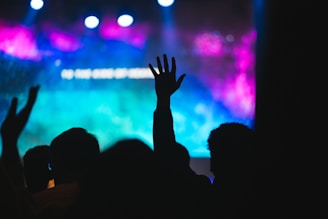 A crowd of people at a concert with their hands in the air