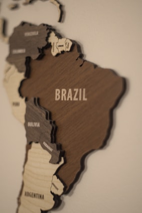 A wooden map of the world with countries