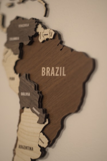 A wooden map of the world with countries