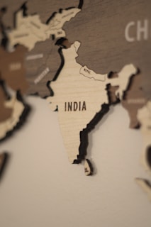A wooden map of the world with countries