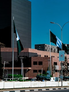 A city street with a lot of flags on the side of it