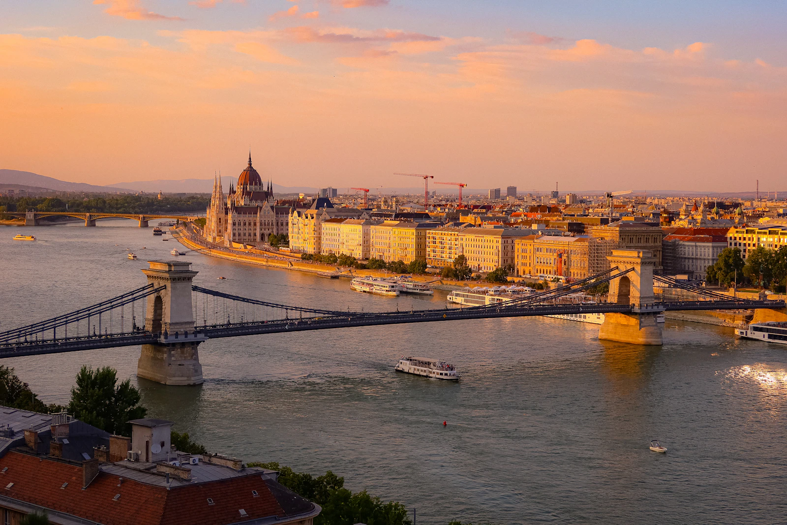 Chain Bridge over the Danube with the city behind, Budapest, Hungary