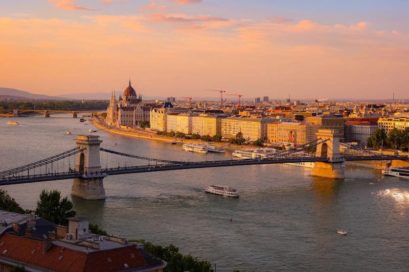 Chain Bridge over the Danube with the city behind, Budapest, Hungary