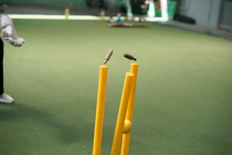 A man standing next to a yellow bat and ball