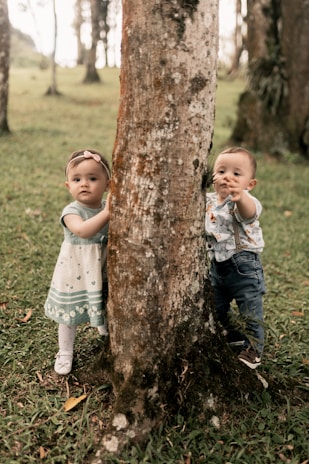 Two toddlers standing next to a tree in a forest