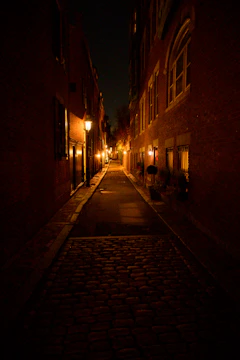 A dark alley at night with street lights on