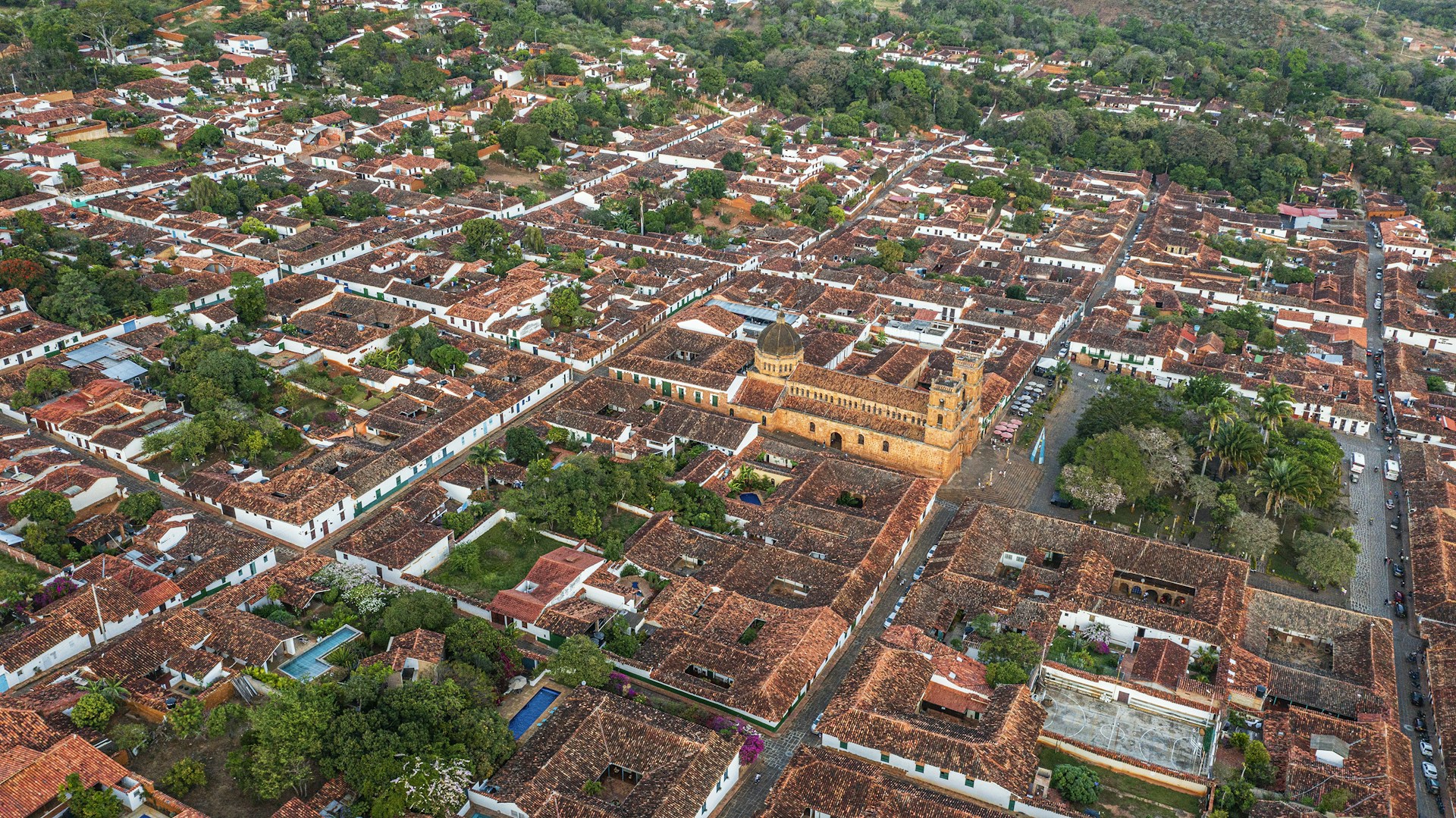 An aerial view of a city with lots of buildings