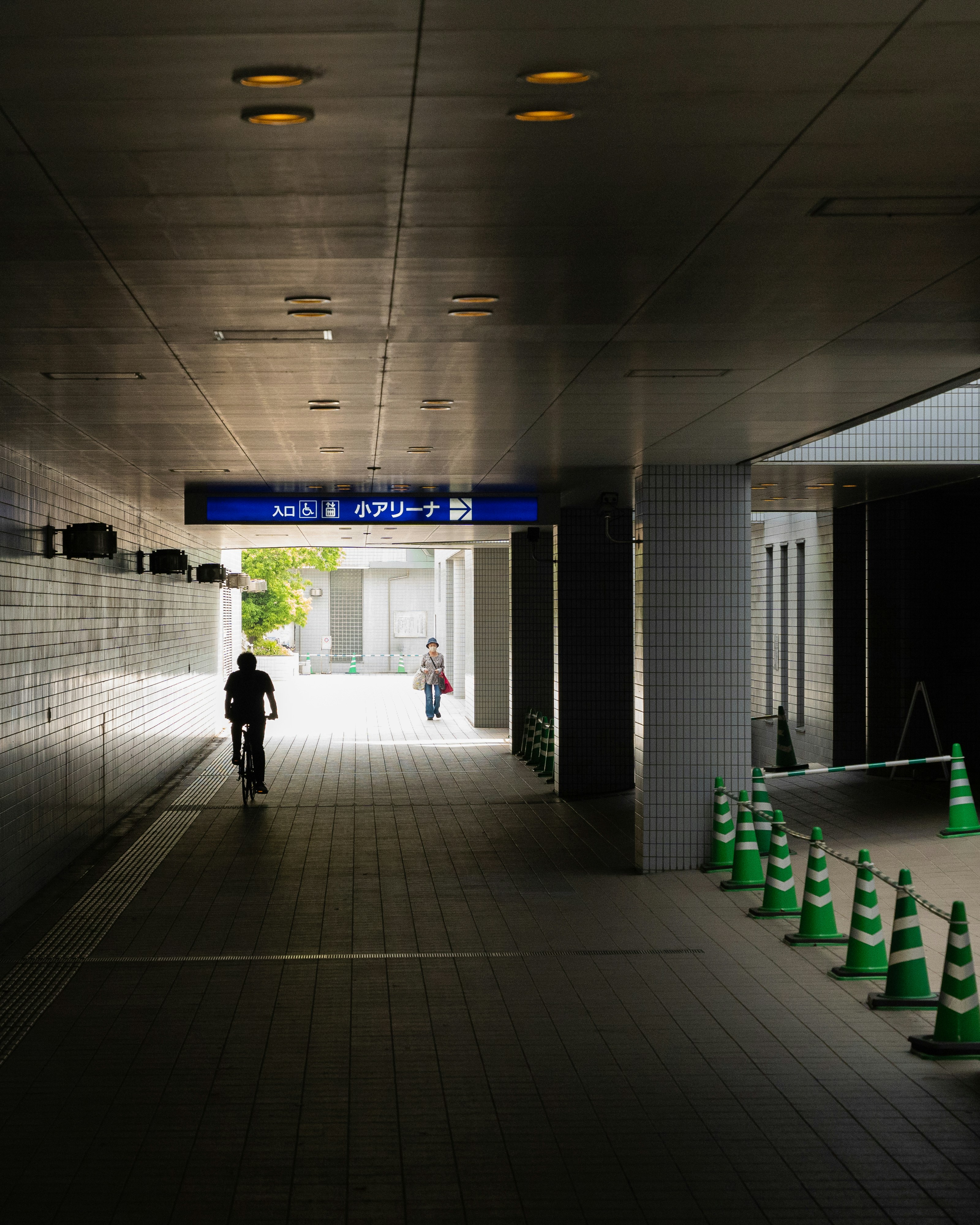 Una persona che va in bicicletta attraverso un tunnel