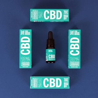 A bottle of cbd sitting next to three boxes of cbd