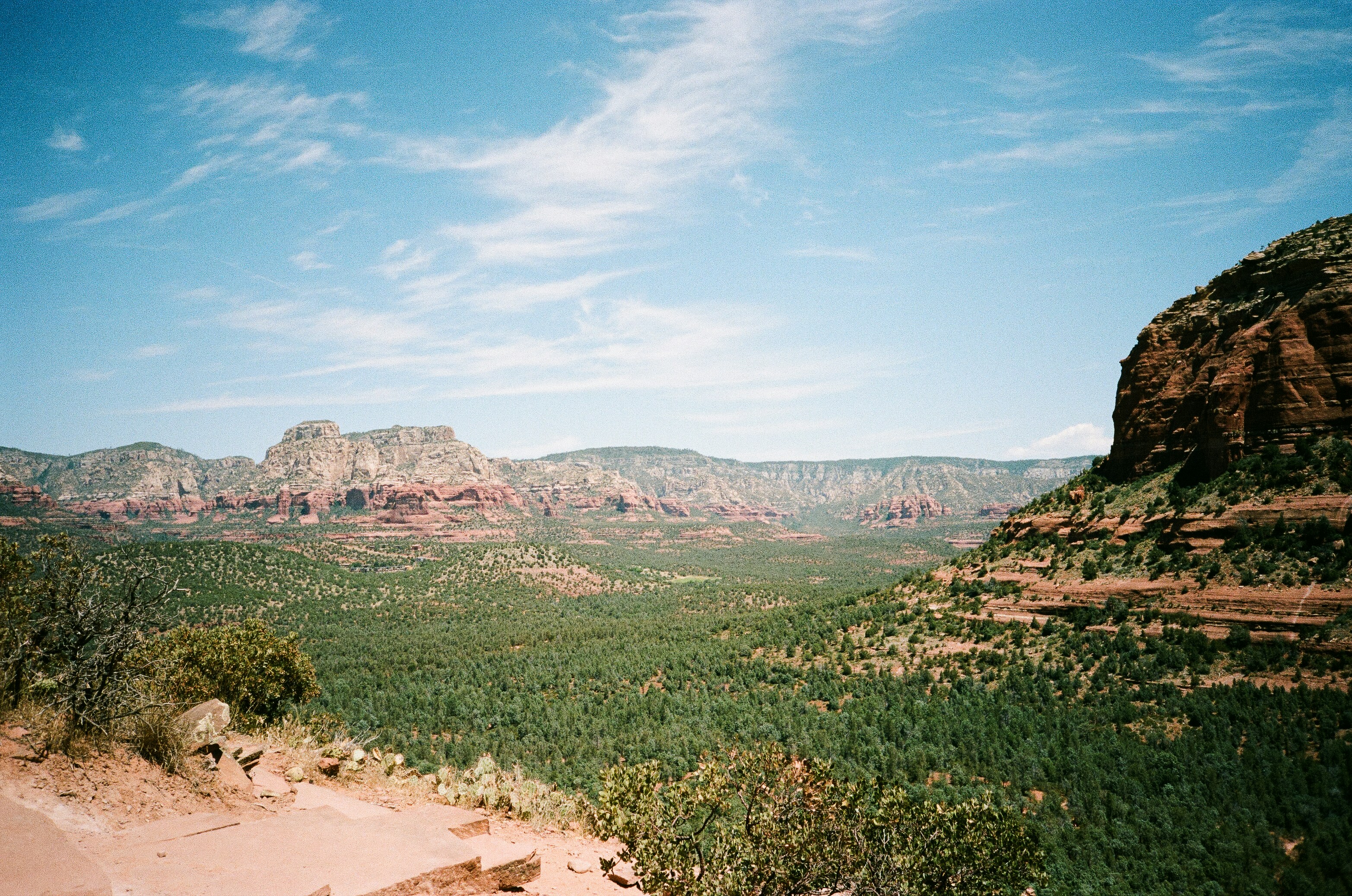 A scenic view of a valley with a mountain in the background