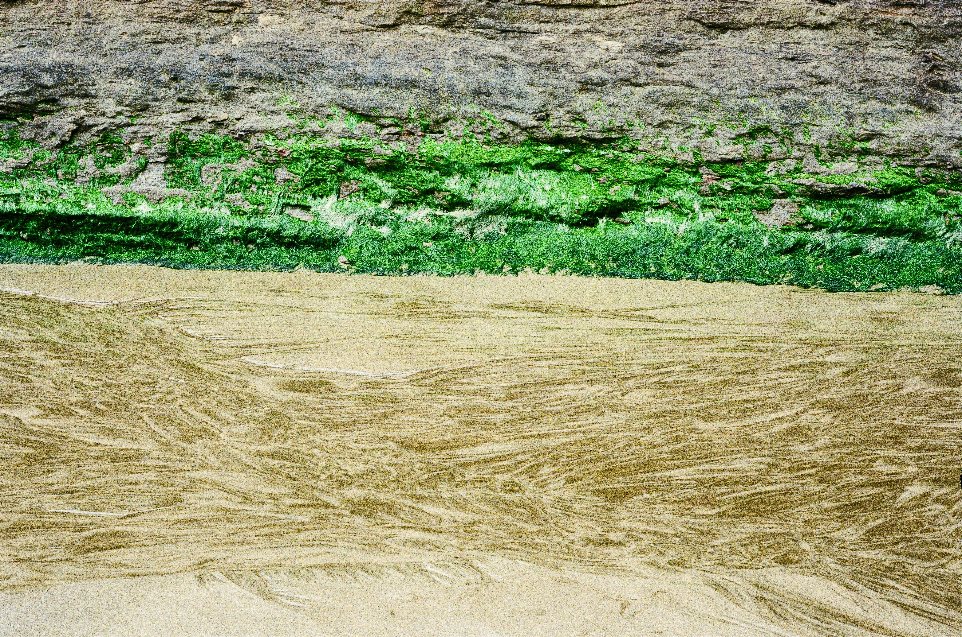 A man riding a surfboard on top of a sandy beach
