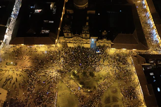 An aerial view of a city at night