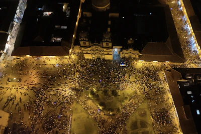 An aerial view of a city at night