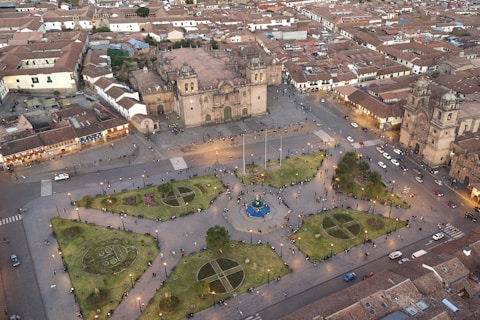 An aerial view of a city with lots of buildings