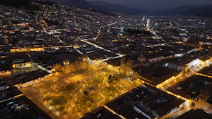 An aerial view of a city at night