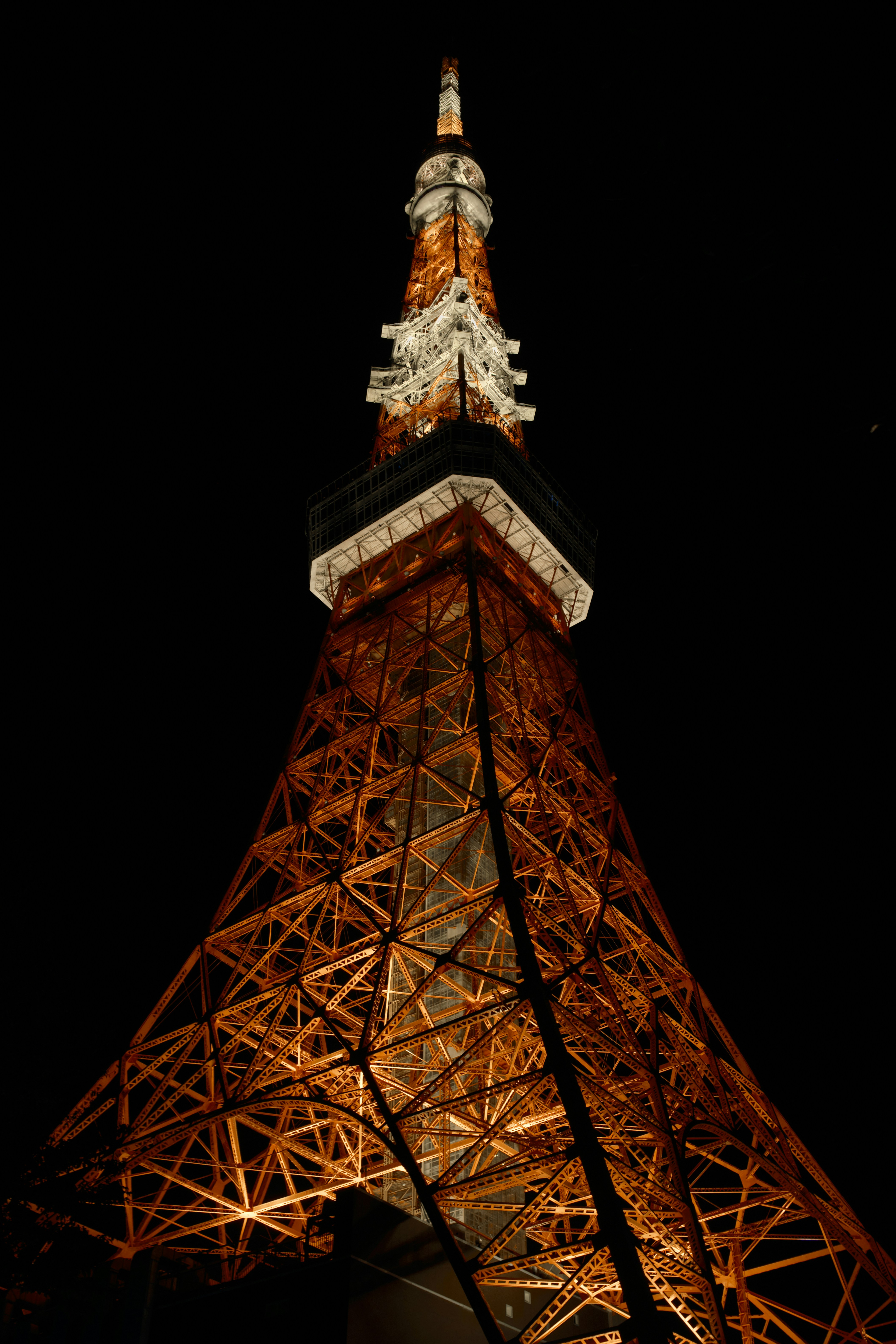 The top of the Tokyo Tower lit up at night
