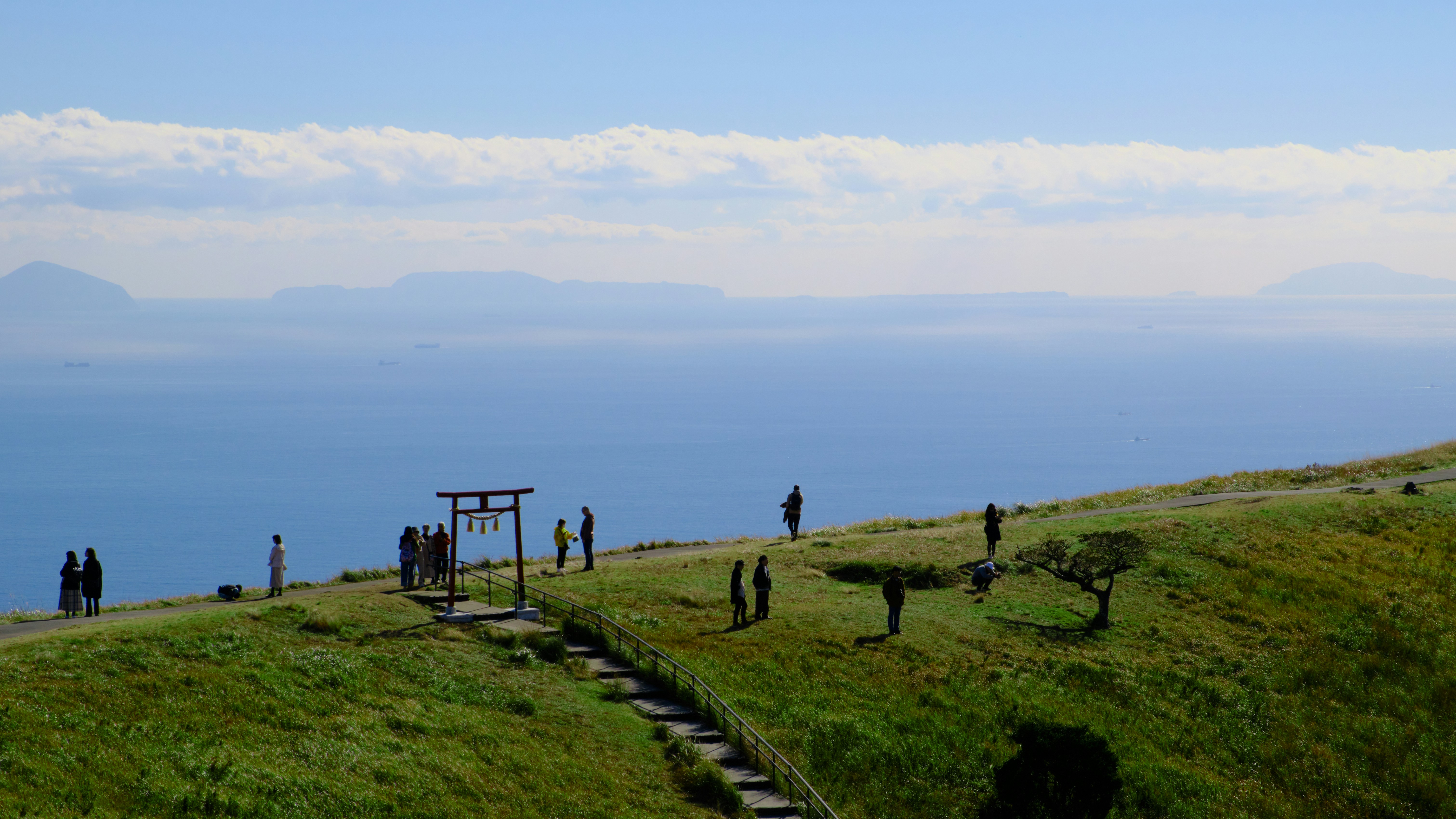A group of people standing on top of a lush green hillside