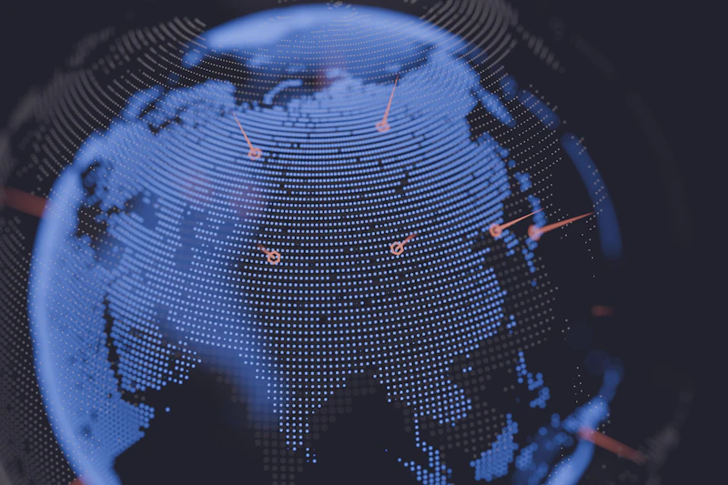 A darkened globe lit along one edge — production operations spanning eight countries.