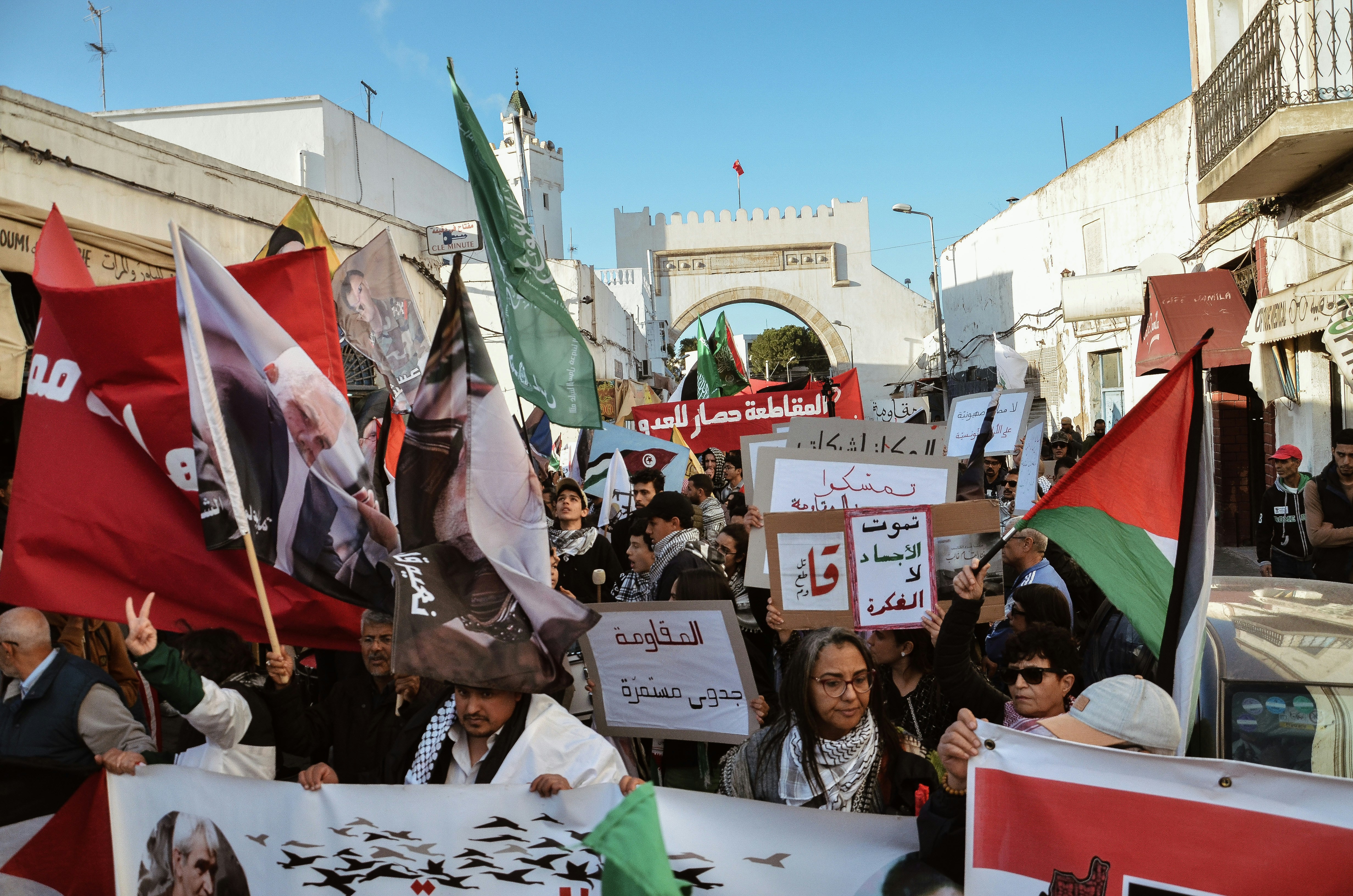 A large group of people holding flags and signs