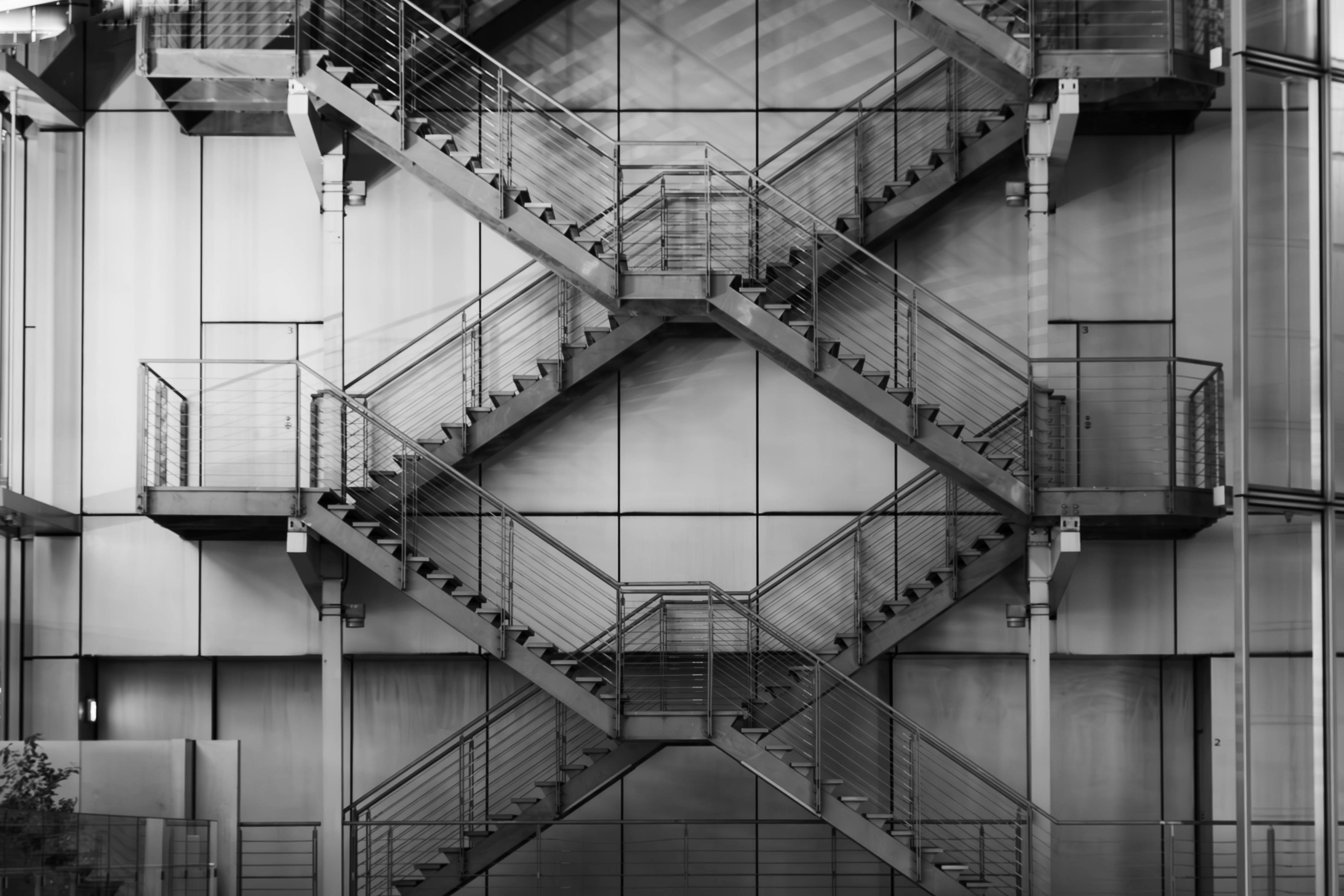 A black and white photo of a staircase