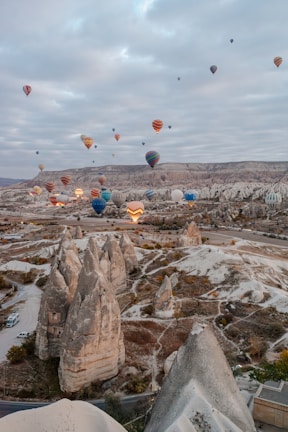 A bunch of hot air balloons flying in the sky