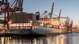A large ship is docked at a dock
