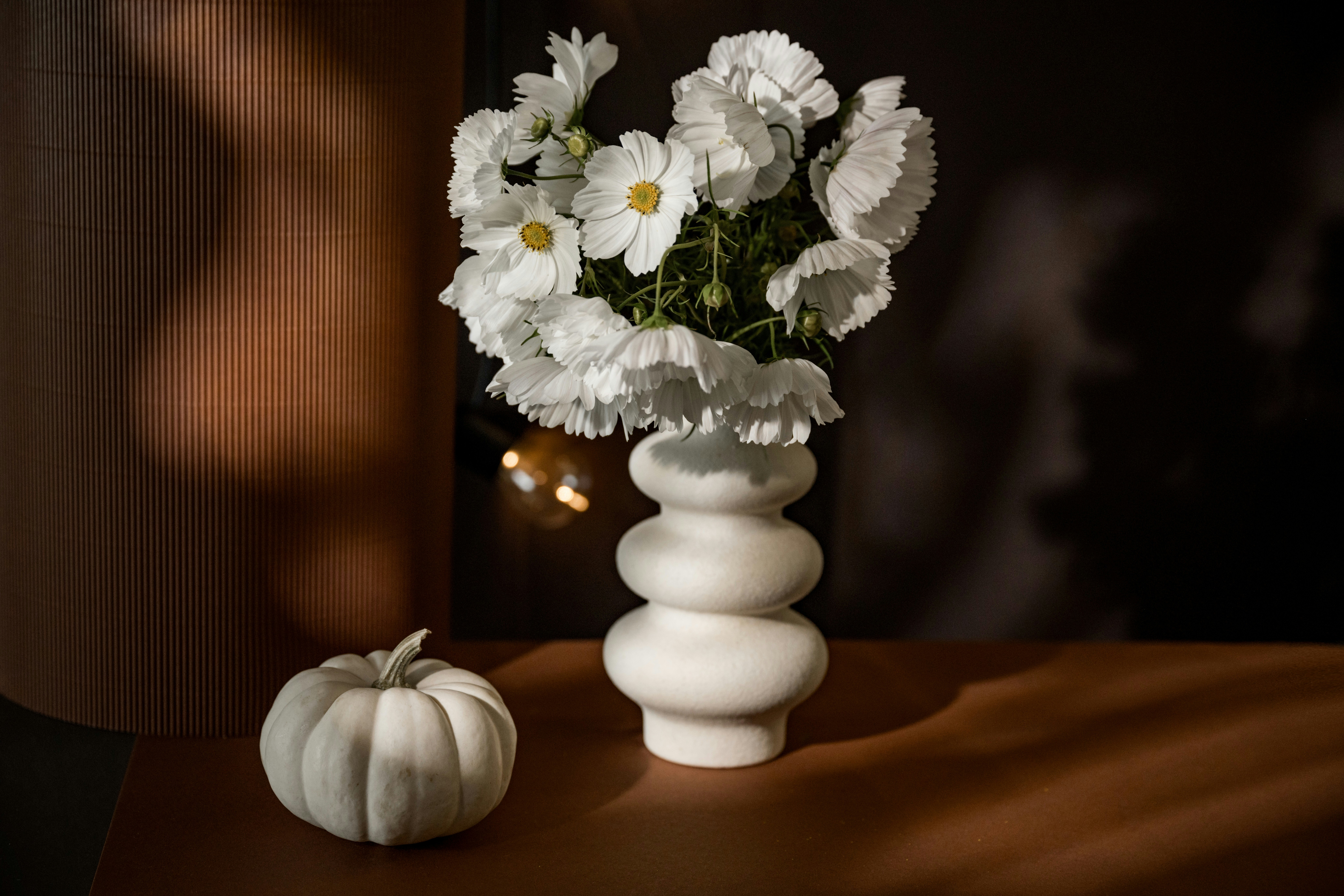 A white vase filled with white flowers on top of a table photo – Free ...