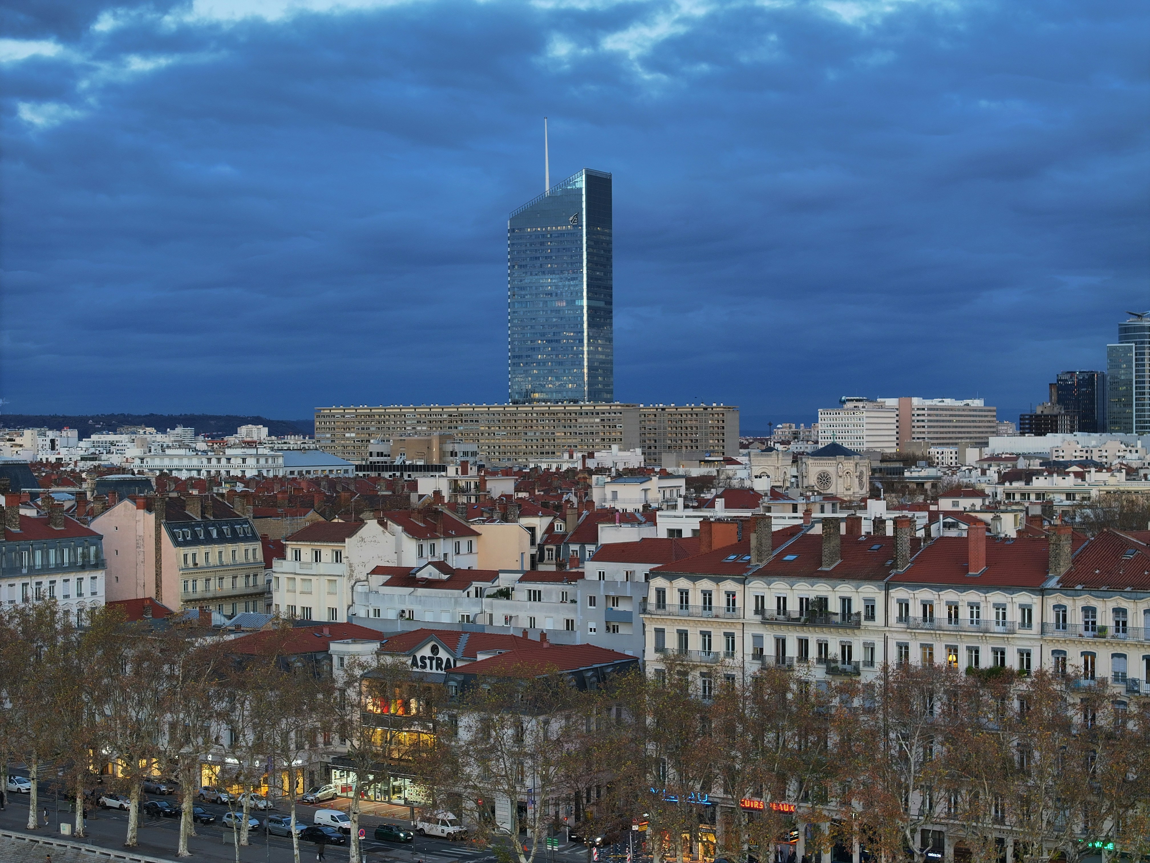 A view of a city with tall buildings