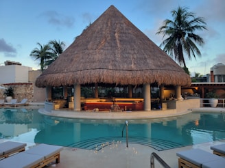 A pool with a thatched roof and lounge chairs